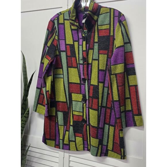 ALI MILES Jacket Blazer Swing 3/4 Sleeve Geometric Print Artsy Button Front Med. - Picture 5 of 6